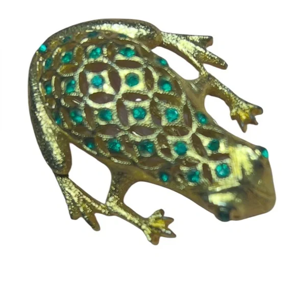 Vintage Gold Tone Frog Brooch with Emerald Green Accents - Picture 3 of 6